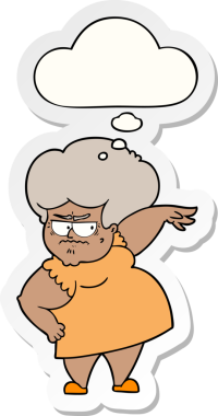 Düşünce baloncuğu insan tarafından çizilmiş bir çıkartma olan kızgın yaşlı kadın çizgi filmi.