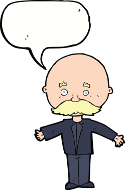 Bir insan tarafından çizilmiş konuşma balonlu bıyıklı bir çizgi film adamı.