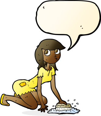 Çizgi film Cinderella bir insan tarafından çizilmiş konuşma balonuyla yerleri ovalıyor.