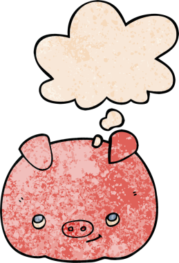 Düşünce baloncuklu çizgi film mutlu domuz bir insan tarafından çizilmiş grunge doku tarzı