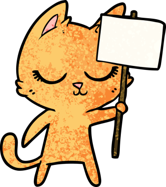 Bir insan tarafından çizilmiş pankartlı sakin çizgi film kedisi.