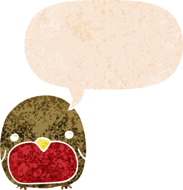 Grunge 'da konuşma baloncuğu olan sevimli çizgi film pengueni bir insan tarafından çizilmiş tedirgin, desenli bir resim.