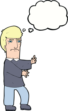 Bir insan tarafından çizilmiş düşünce kabarcığı olan huysuz bir çizgi film karakteri.