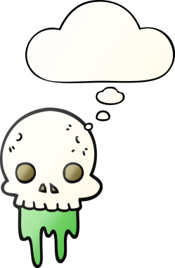 Bir insan tarafından çizilmiş yumuşak eğimli düşünce baloncuğu olan ürkütücü cadılar bayramı kafatası çizgi filmi