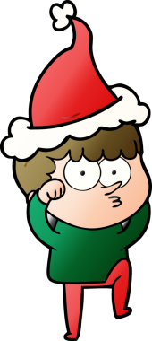 Meraklı bir çocuğun el çizimi karikatürü. İnançsızlıkla gözlerini ovuşturuyor. Noel Baba şapkası takıyor.