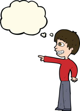 Bir insan tarafından çizilmiş düşünce balonuyla işaret eden sırıtan çocuk.