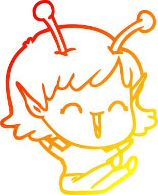 Bir insan tarafından çizilen gülen uzaylı bir kızın sıcak çizgi çizimi.