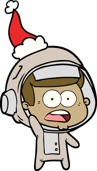 Bir insan tarafından çizilmiş Noel Baba şapkası giyen şaşırmış bir astronotun el çizimi.