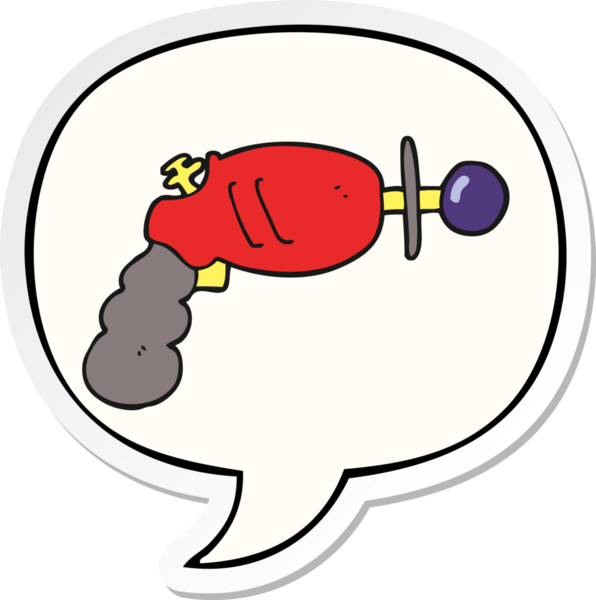 Bir insan tarafından çizilmiş konuşma balonu çıkartmalı karikatür ışın silahı.