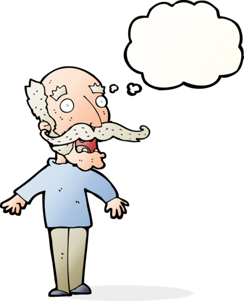 Bir insan tarafından çizilen düşünce baloncuğuyla şaşırmış yaşlı adam çizgi filmi.