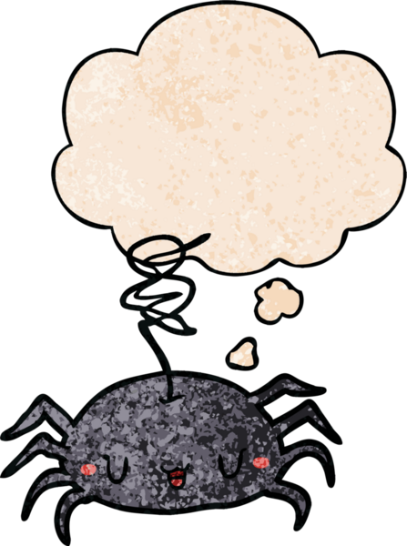 Düşünce baloncuklu çizgi film örümceği bir insan tarafından çizilmiş grunge desenli.