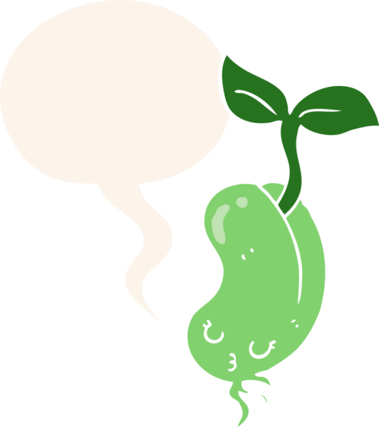 Bir insan tarafından çizilmiş eski moda konuşma baloncuklu fasulye filizlenen çizgi film.