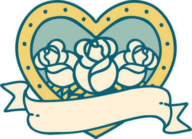 İkonik dövme stili bir kalp ve bir insan tarafından çizilmiş çiçekli pankart.