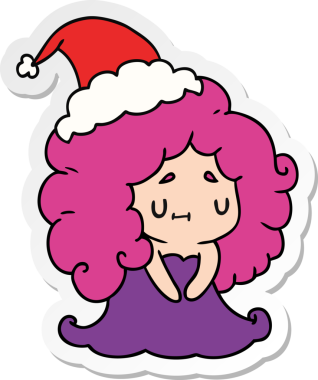 Bir insan tarafından çizilmiş Kawai kızının el çizimi Noel çıkartması.