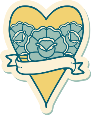 Geleneksel kalp stili dövme çıkartması ve bir insan tarafından çizilmiş çiçekli pankart.