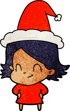 Bir insan tarafından çizilmiş, dost canlısı, Noel Baba şapkalı bir kızın el çizimi karikatürü.