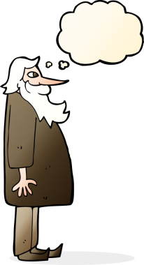 Karikatür sakallı yaşlı adam. Düşünce baloncuğu insan tarafından çizilmiş.
