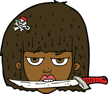 Bir insan tarafından çizilen dişlerinin arasında bıçak tutan çizgi film kadını.