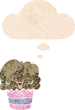 Yüzünde düşünce kabarcığı olan, grunge 'da sıkıntılı eski moda bir insan tarafından çizilmiş çizgi film keki.