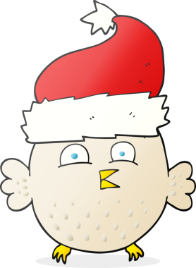 Bir insan tarafından çizilmiş Noel şapkası giyen baykuş çizimi.