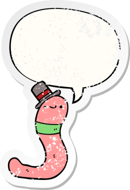 Konuşma baloncuğu olan sevimli bir çizgi film solucanı bir insan tarafından çizilmiş sıkıntılı eski bir çıkartma.