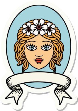 Bir insan tarafından çizilmiş çiçekli bir bakirenin sancağına sahip dövme stili çıkartması.