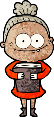 Bir insan tarafından çizilmiş mutlu yaşlı kadın çizgi filmi.