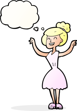 Bir insan tarafından çizilmiş düşünce baloncuğuyla kollarını kaldırmış çizgi film kadını.