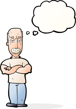 Bir insan tarafından çizilmiş, bıyıklı kızgın bir çizgi film karakteri.