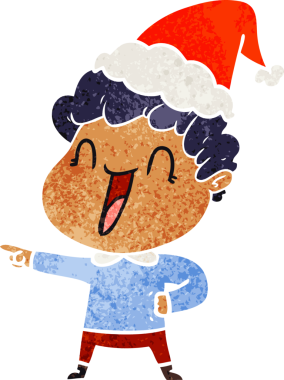 Bir insan tarafından çizilmiş Noel Baba şapkası giyen mutlu bir adamın el çizimi karikatürü.