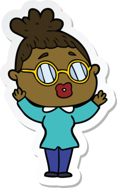 Bir insan tarafından çizilmiş gözlüklü bir karikatür kadının çıkartması.