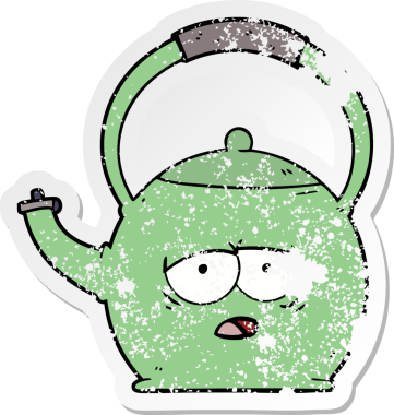 Bir insan tarafından çizilmiş karikatür çaydanlığının sıkıntılı etiketi