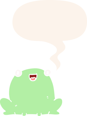 Bir insan tarafından çizilmiş konuşma baloncuğu olan sevimli çizgi film kurbağası.