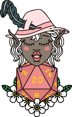 Retro Dövme Tarzı Elf karakteri Bir insan tarafından çizilmiş doğal yirmi zar ile