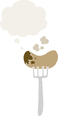 Düşünce baloncuklu sosis ve çatal bir insan tarafından çizilmiş.