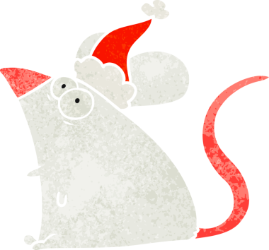 Korkmuş bir farenin insan tarafından çizilmiş Noel Baba şapkası giydiği el çizimi bir karikatür.