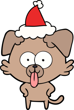 Bir insan tarafından çizilmiş Noel Baba şapkası giymiş, dili dışarı çıkmış bir köpeğin çizimi.