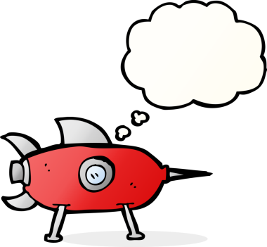 Bir insan tarafından çizilmiş düşünce baloncuklu uzay roketi.