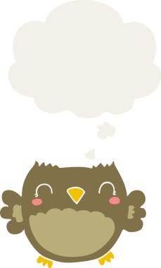 Bir insan tarafından çizilmiş düşünce baloncuğu olan sevimli çizgi film baykuşu.