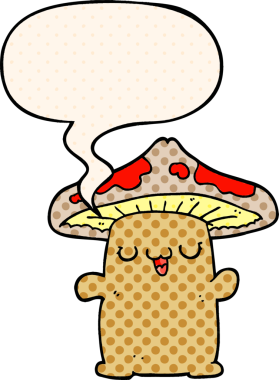 Bir insan tarafından çizilmiş çizgi roman tarzında konuşma balonu olan mantar yaratık.