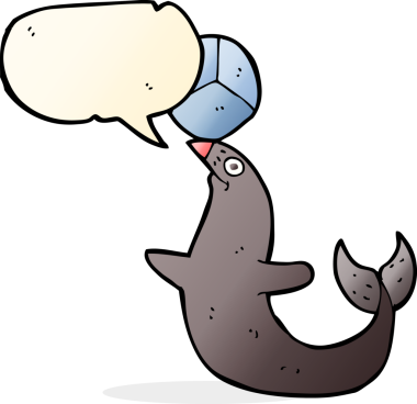 Bir insan tarafından çizilmiş konuşma balonuyla fok gösterisi yapan bir çizgi film.