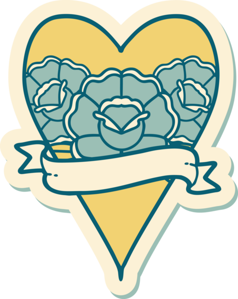 Geleneksel kalp stili dövme çıkartması ve bir insan tarafından çizilmiş çiçekli pankart.