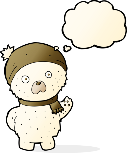 Bir insan tarafından çizilmiş düşünce baloncuğuyla şapkalı ve atkılı şirin kutup ayısı çizgi filmi.