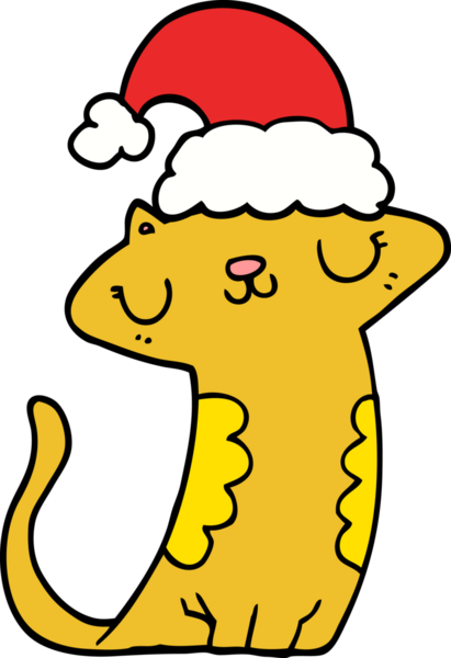 Bir insan tarafından çizilmiş Noel şapkası takan sevimli çizgi film kedisi.