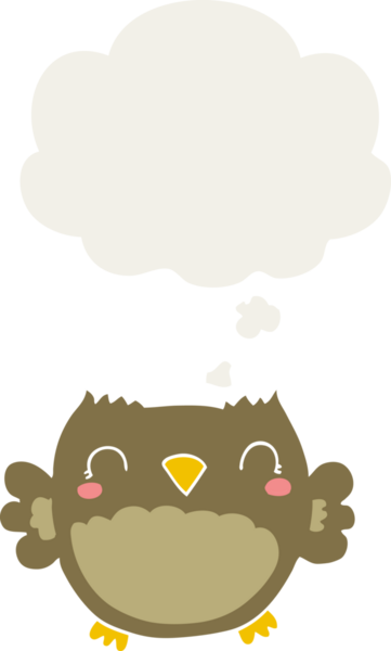 Bir insan tarafından çizilmiş düşünce baloncuğu olan sevimli çizgi film baykuşu.