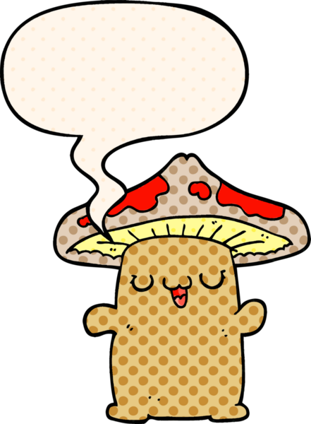 Bir insan tarafından çizilmiş çizgi roman tarzında konuşma balonu olan mantar yaratık.