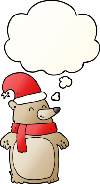 Karikatür noel ayısı. Düşünce baloncuğu bir insan tarafından çizilmiş.