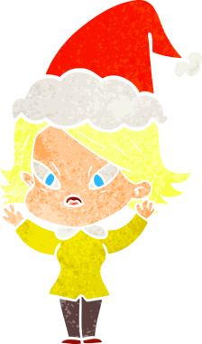 Bir insan tarafından çizilmiş Noel Baba şapkası giymiş stresli bir kadının el çizimi karikatürü.