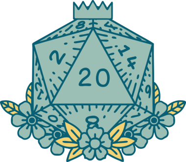 Retro Dövme Biçimi Doğal 20 D20 zar bir insan tarafından çizilmiş çiçek elementleriyle