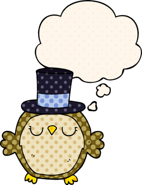Bir insan tarafından çizilmiş, düşünce baloncuklu silindir şapkalı çizgi film baykuşu.